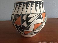 Full side view of Jemez pottery bowl showing geometric black, white, and red/orange designs.