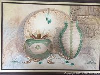 Painting showing Native American baskets and pottery on a textured background, framed.