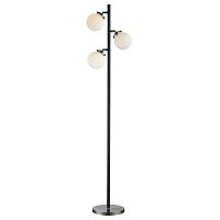 Full view of a Mid Century style floor lamp with a black vertical pole, satin nickel accents, and three white globe light diffusers.