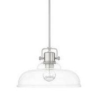 Photo of a satin nickel pendant light fixture with clear glass shade and exposed bulb, model 535 319911BN.