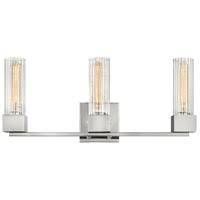 Photo of a three light chrome vanity fixture with three tubular glass shades and filament bulbs.