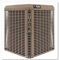 Outdoor bronze York AC condenser unit showing slatted grille and York logo on top