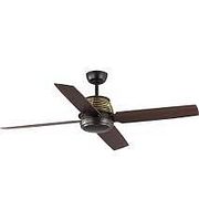 Front view of 52 inch ceiling fan showing dark bronze housing, decorative cage, and four wood tone blades