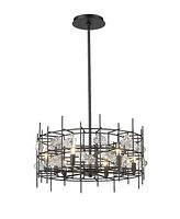 Full view of the matte black circular chandelier with rock glass accents, showing its design and materials.