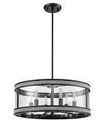 Frontal view of circular pendant chandelier with graphite frame and clear glass shade showing six candelabra sockets