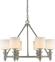 Chandelier showing six white drum shades on brushed nickel frame