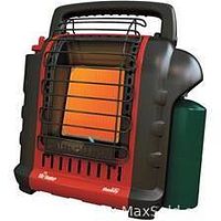Front and side view of red and black portable heater showing protective grill, handle, and attached green propane cylinder