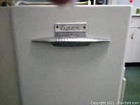 Close-up of the Apex logo on the machine door with chrome handle, showing the brand name and vintage styling.