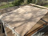 Full view of camelhair rug laid flat, showing overall dimensions, pile texture, and central motifs