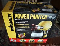 Box of Wagner Power Painter Plus airless paint sprayer with product image and features.