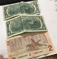 Two United States two dollar bills showing the back side depicting the signing of the Declaration of Independence, placed on a white paper background along with one Canadian two dollar bill backside with birds illustration.
