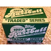 Green and beige unopened or gently used box of 1987 Topps Baseball Picture Cards Traded Series with card numbers 1-T to 132-T printed on it.