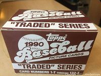 Box of 1990 Topps Baseball "Traded" Series picture cards with label showing card numbers and series name.