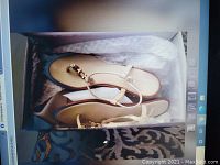 Beige flat sandals with gold chain decoration shown inside a box, lying on white tissue paper.