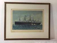 Framed antique color lithographic print showing the Iron Steam Ship 'Great Eastern' on water. Image taken to display condition, matting, and framing details.
