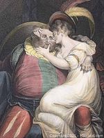 Close-up of the hand-colored print showing a man and woman in historic costume, focusing on the detailed coloration and brush strokes.