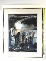 Full view of framed watercolour painting with measuring tape showing approximate height 29.5 inches.