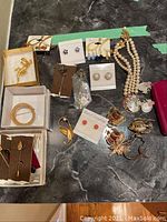 Full lot of costume jewelry including brooches, earrings, necklaces, and pins arranged on a surface.