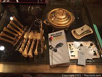 Full view of the 25K gold plated flatware set with butter dish and trivet, including the original Reed & Barton Rebacraft box.