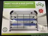 Box showing two-pack of Spica insect killer and bug zapper designed for mosquitoes, flies, wasps, moths, flying insects and pests.