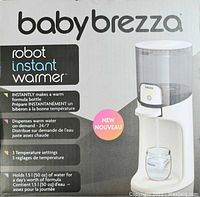 Front and side views of the Baby Brezza Robot Instant Warmer box with product features and image of the device dispensing water into a baby bottle.