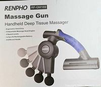 Photo of product box showing Renpho RF-GM169 massage gun with adjustable massage head angles and main specs.