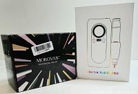 Two boxes side by side showing Morovan Professional Nail Art kit and Electric Nail Drill Kit with graphics of controller and drill machine.