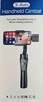 Front image of retail box showing 3-Axis Handheld Gimbal branding and concept, smartphone mounted on gimbal.