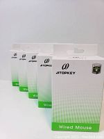 Five boxed JITOPKEY wired mice displayed side by side showing front label and packaging design.