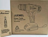 Box with illustration of Juemel 20V cordless drill and model M8828