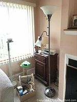 Five lamps visible, two floor lamps (one black with dual shades and one silver base with damage) and three smaller table lamps including a brass one with pleated beige shade. A green and beige cat gym is positioned near window. A cardboard box filled with miscellaneous small items is on the floor.