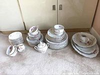 Photo showing full assortment of china items including stacked plates, cups, saucers, bowls, platters arranged on carpet.