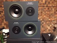 Front view of both speakers stacked showing driver arrangement and enclosure finish