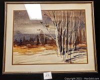 Framed landscape painting showing white birch trees with shadows, set against a muted background with brown and gray tones.