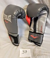 Pair of Everlast training boxing gloves, gray and black with red and silver accents, front and back views.