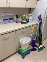 Photo showing cleaning products, storage containers, and cleaning tools on a counter and floor next to cabinets and fridge