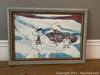 Full view of framed oil on board painting showing Inuit figures and boat on ice.