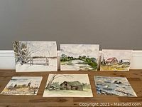 Six watercolors arranged in two rows depicting rural and natural scenes by Fran Johnson