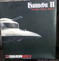 Close up of the top of the box showing the Haunebu II German Flying Saucer artwork and Squadron Models branding.