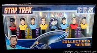 Front view of unopened Star Trek Limited Edition PEZ dispenser box showing all eight character dispensers in a holographic collectible packaging.