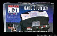 Box front showing branding and product image of World Series of Poker Premium Electronic Card Shuffler.