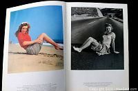 Open book pages showing a color photo of Marilyn Monroe on a beach and a black-and-white photo of her sitting on a road.