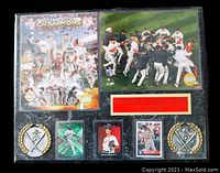 Full view of the plaque showing two photos, three baseball cards, two gold-tone medallions, and red nameplate.