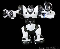 Front view of black and white remote control toy robot with arms raised showing details and design.