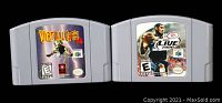 Two Nintendo 64 game cartridges, Virtual Chess 64 on the left and NBA Live 2000 on the right, both with visible and intact labels.
