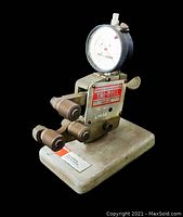 Vintage Pratt & Whitney thread comparator Tri-Roll angled view showing dial indicator, rollers, and base.