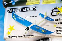 Close-up photo of the Multiplex Easy Star RC airplane on the damaged box showing wing span specification and branding.
