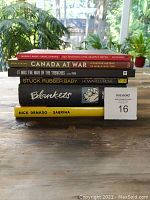 Stacked graphic novels showing titles and authors on the spines against a wood background with trees outside.