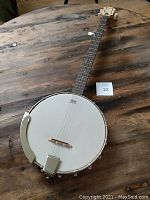 Full view of banjo on wooden table showing body, neck and headstock