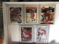 Front side of six assorted Sergei Fedorov hockey cards displayed in protective sleeves showing various poses and team uniforms including rookie cards and Central Red Army card